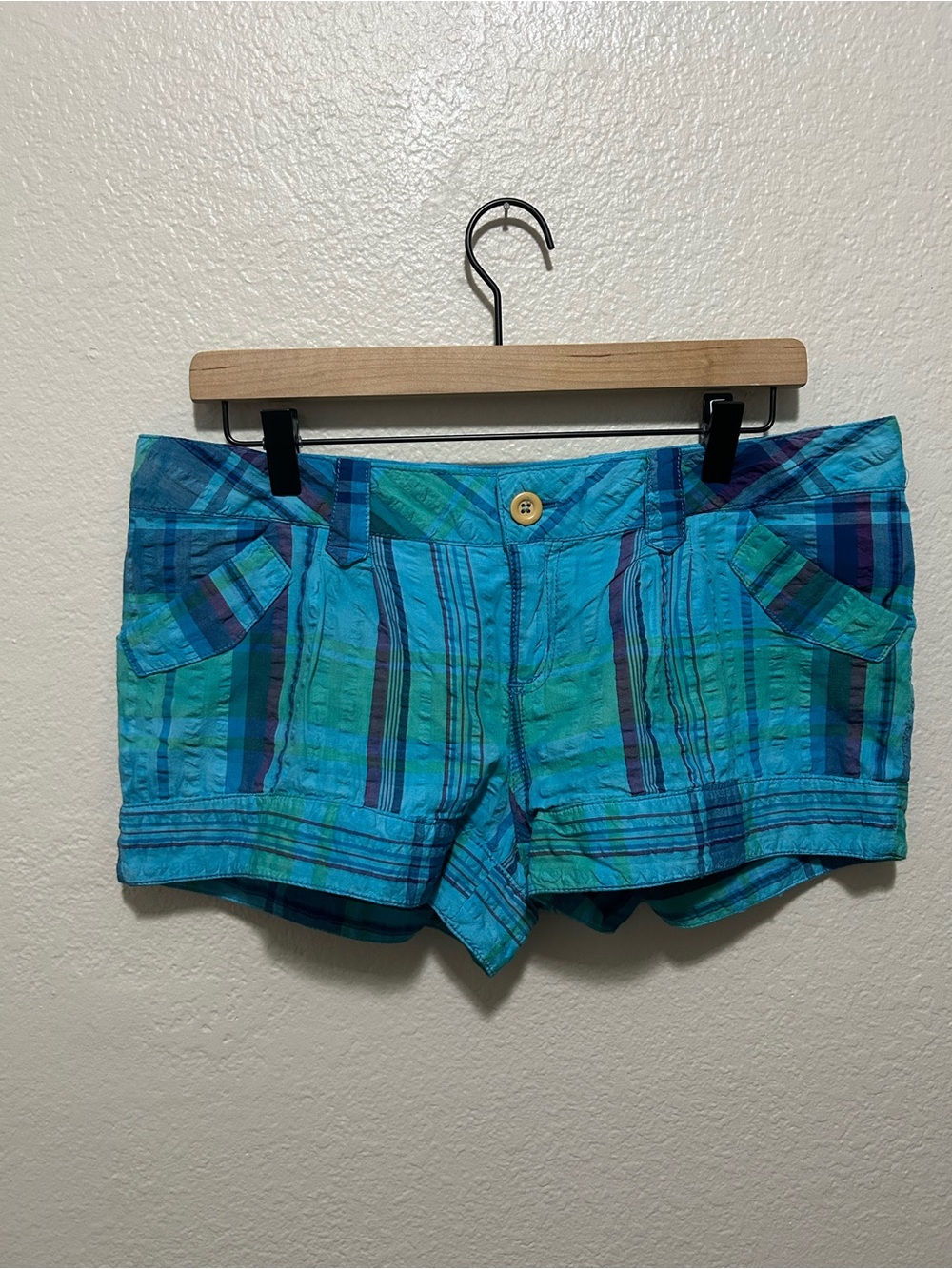 OP Ocean Pacific Y2K Plaid Shorts Blue Green Low Rise Surf Size 13 Summer